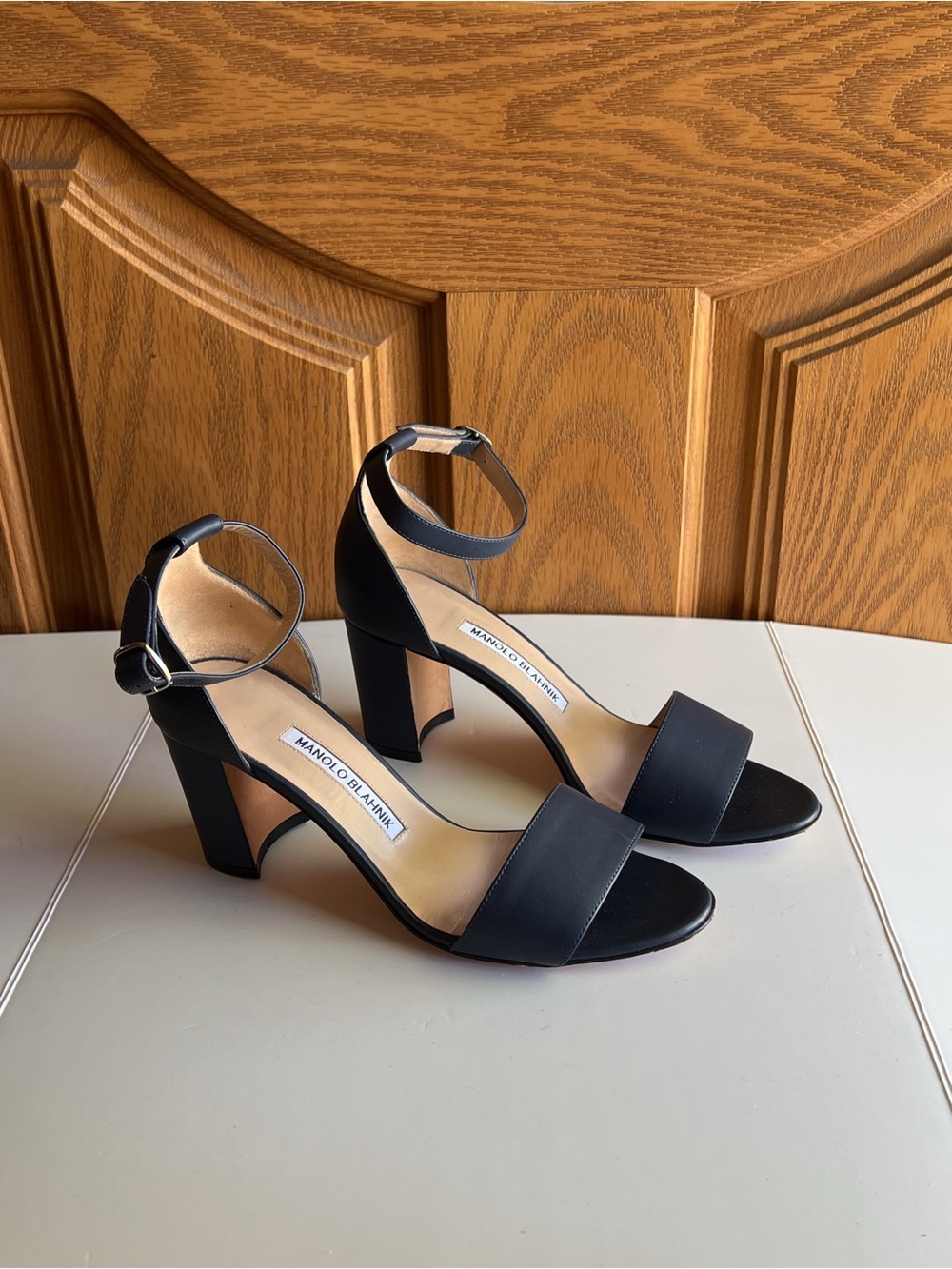 Manolo Blahnik Navy Leather Block Heel Court Shoes Ankle Strap Open Toe EU 37